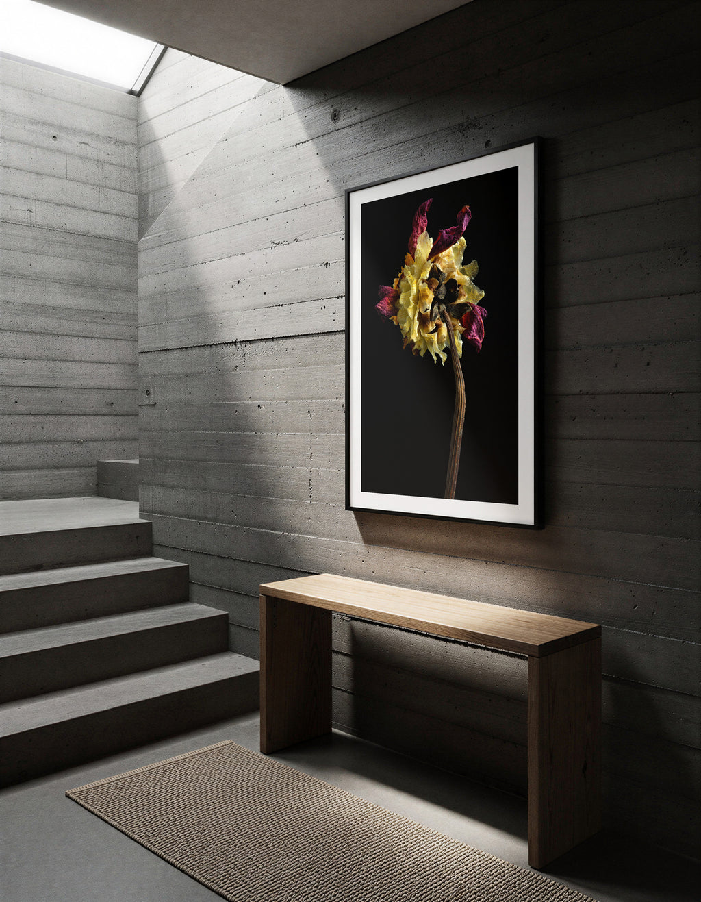 Macro Life 1 fine art print: dried dahlia, deep crimson and cream-yellow petals, black background, shown framed on a wall for illustration. Frame is not included with purchase.