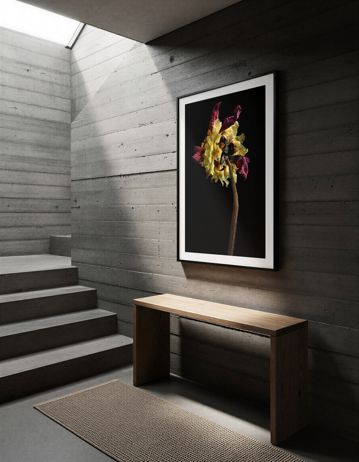 Macro Life 1 fine art print: dried dahlia, deep crimson and cream-yellow petals, black background, shown framed on a wall for illustration. Frame is not included with purchase.