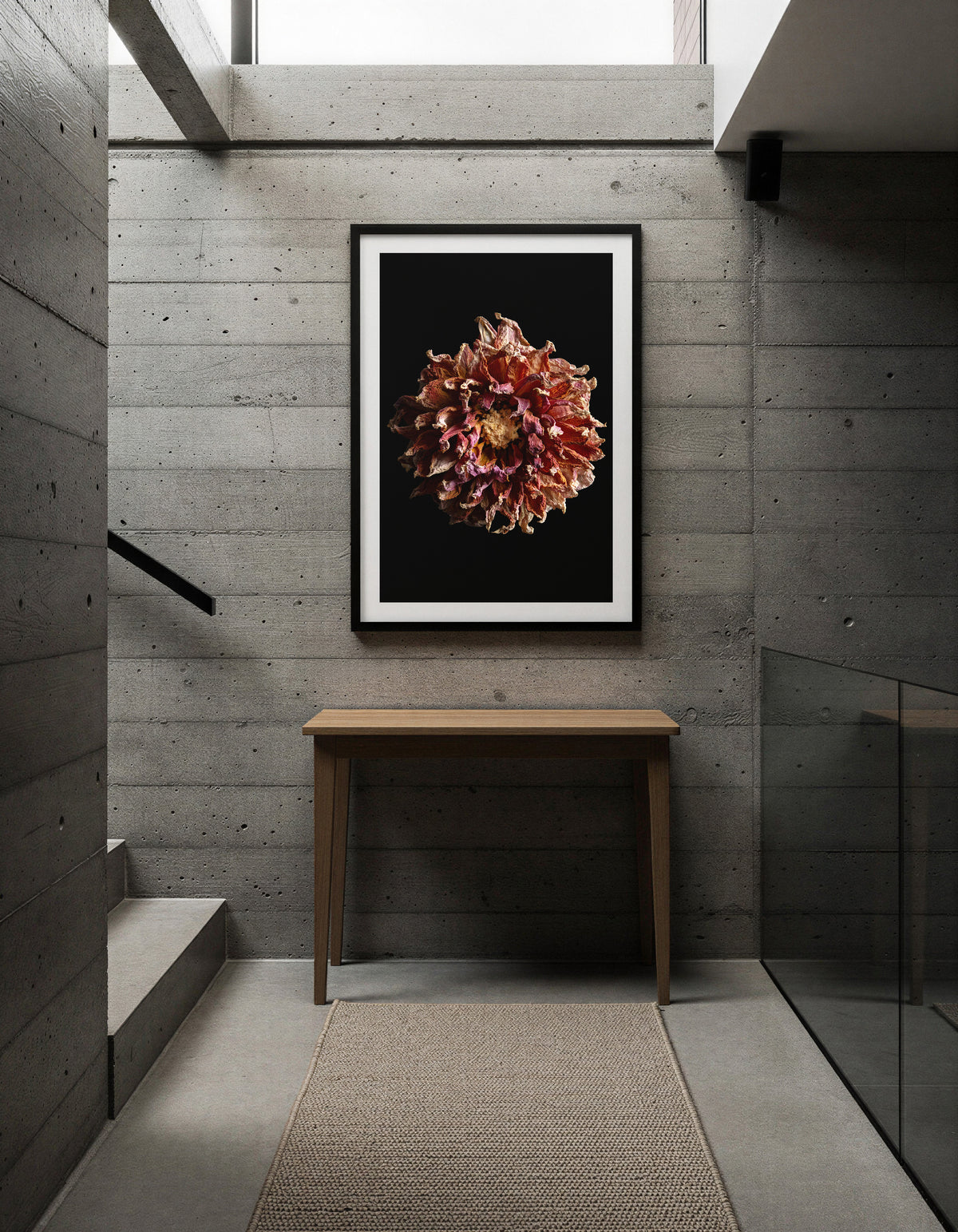 Macro Life 4 fine art print: dried dahlia, burgundy, purple and cream tones, black background, shown framed on a wall for illustration. Frame is not included with purchase.