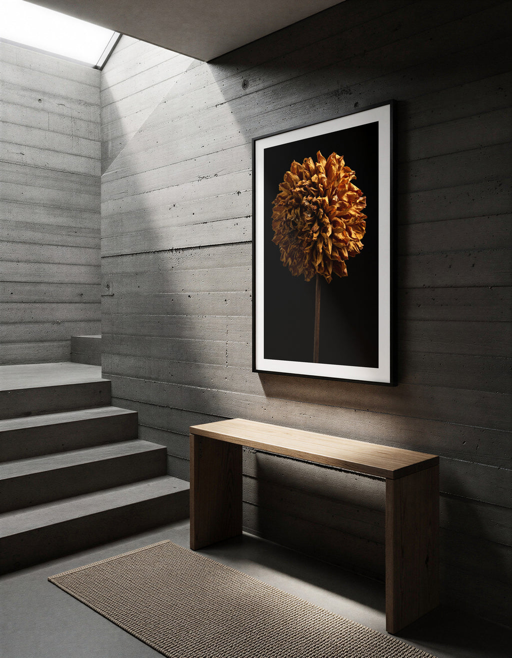 Macro Life 5 fine art print: large spherical dried dahlia, amber-orange tones, black background, shown framed on a wall for illustration. Frame is not included with purchase.