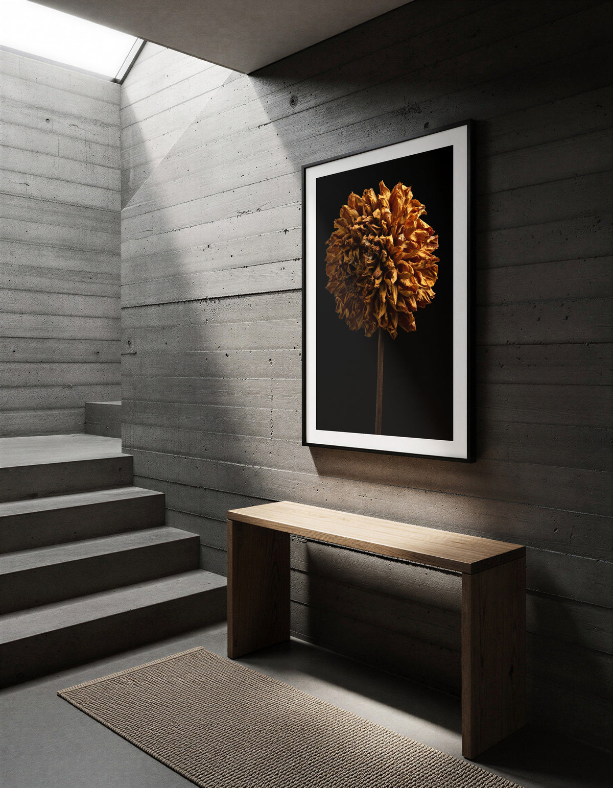 Macro Life 5 fine art print: large spherical dried dahlia, amber-orange tones, black background, shown framed on a wall for illustration. Frame is not included with purchase.