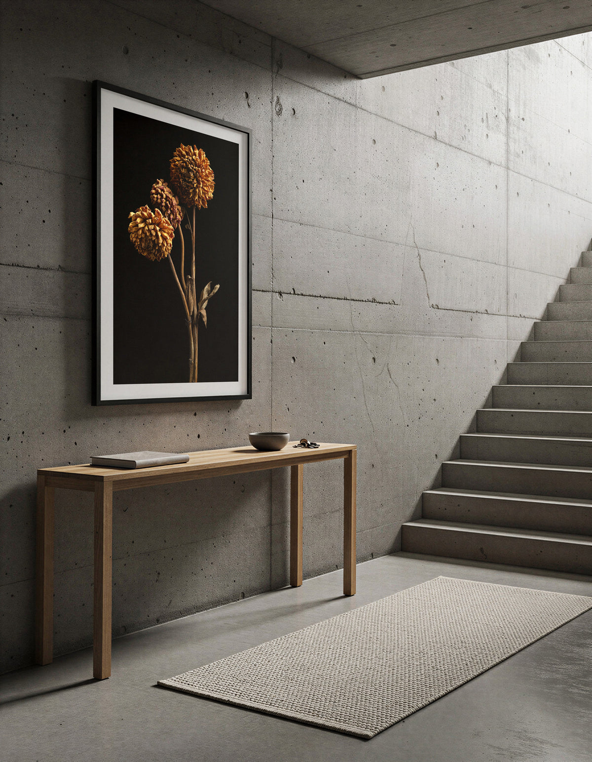 Macro Life 6 fine art print: three dried dahlias on branched stem, amber and orange tones, black background, shown framed on a wall for illustration. Frame is not included with purchase.