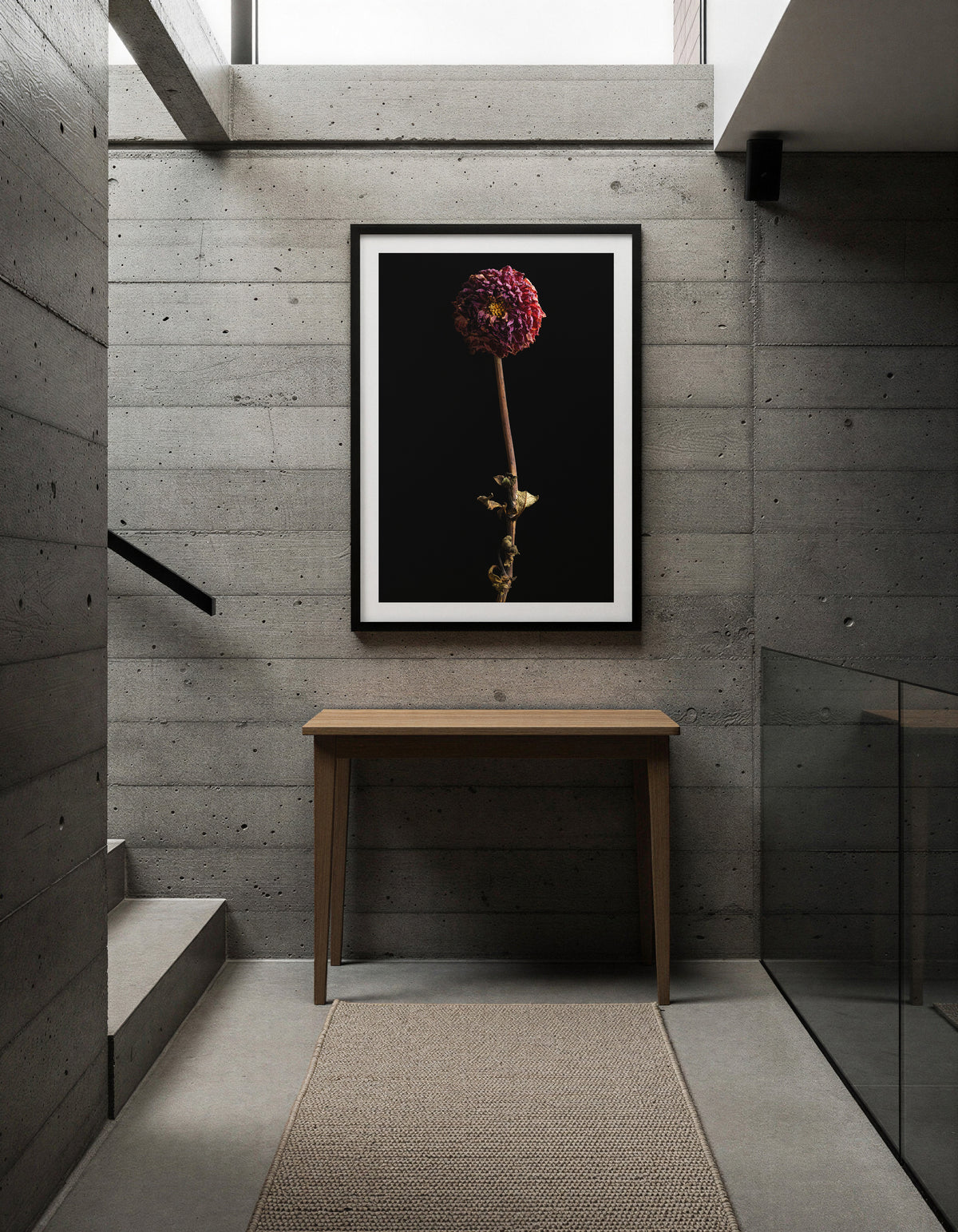 Macro Life 8 fine art print: small dried dahlia, deep raspberry, black background, shown framed on a wall for illustration. Frame is not included with purchase.
