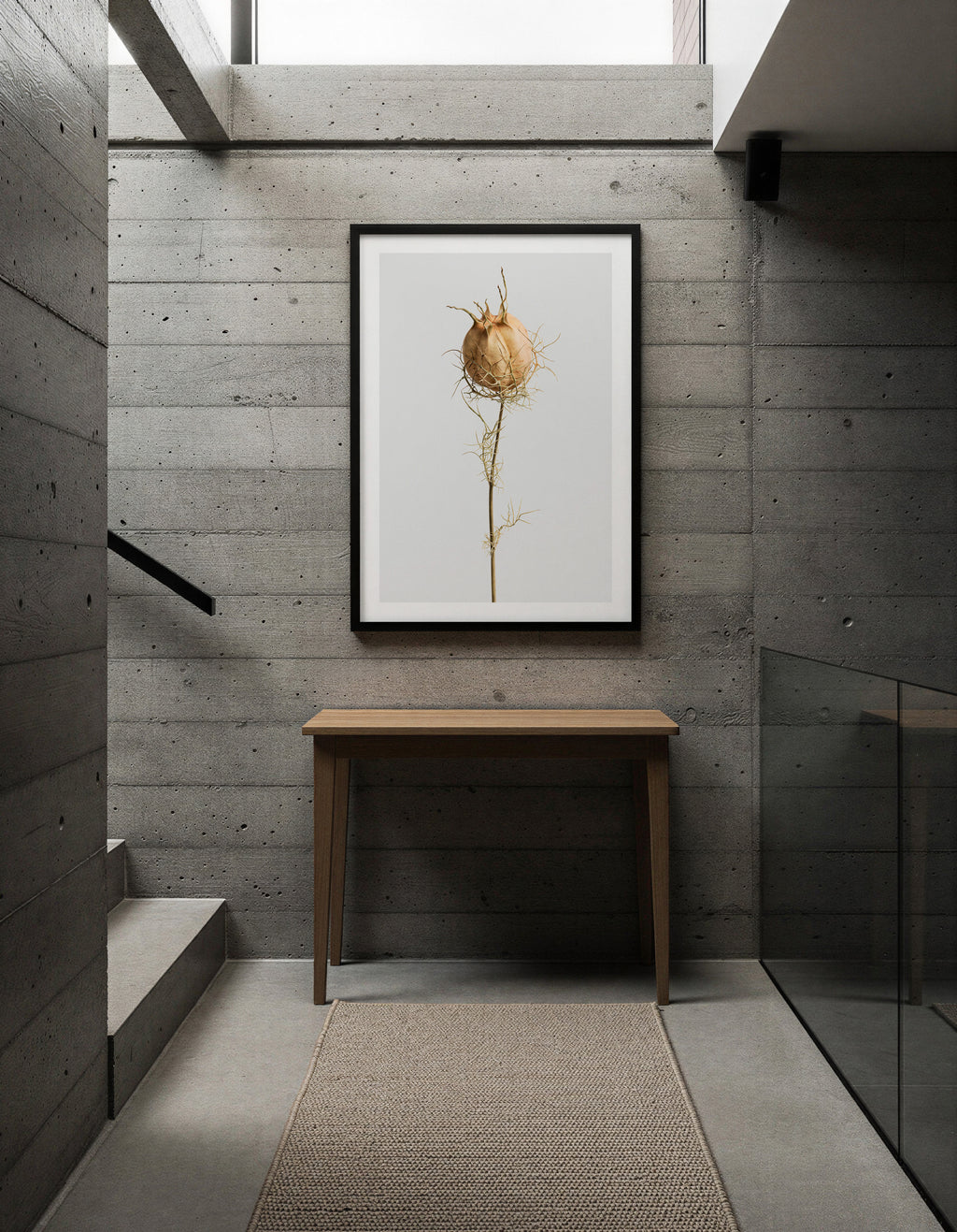 Macro Life 10 fine art print: dried Nigella seed pod, web-like filaments, light grey background, shown framed on a wall for illustration. Frame is not included with purchase.