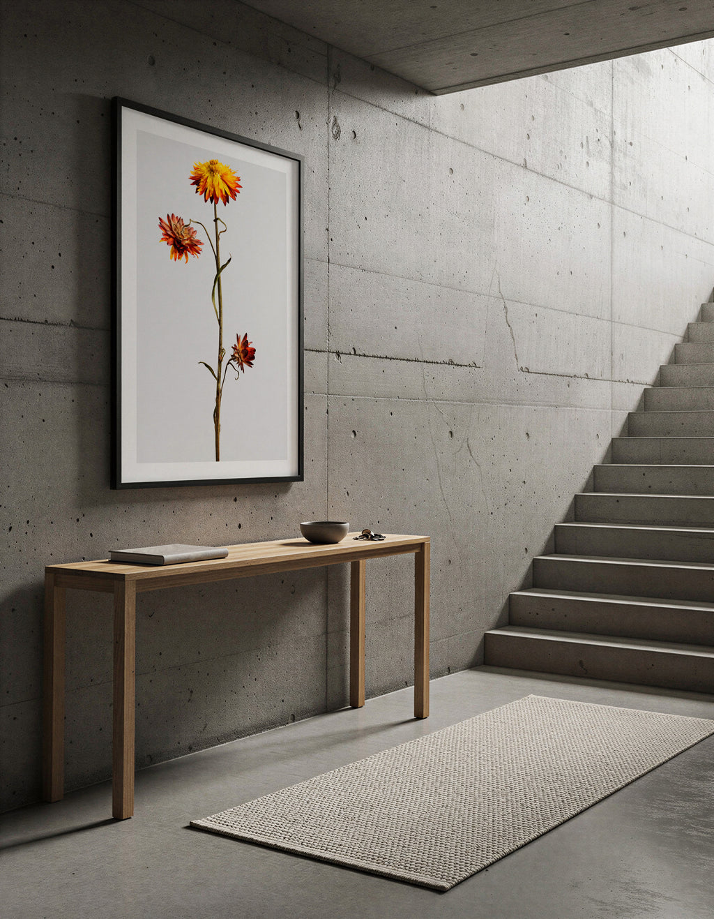 Macro Life 12 fine art print: dried Helichrysum, yellow flower and burgundy blooms, grey background, shown framed on a wall for illustration. Frame is not included with purchase.
