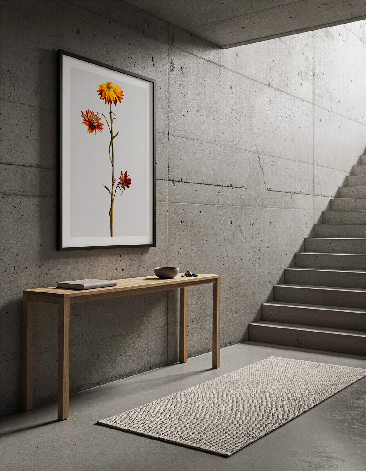 Macro Life 12 fine art print: dried Helichrysum, yellow flower and burgundy blooms, grey background, shown framed on a wall for illustration. Frame is not included with purchase.