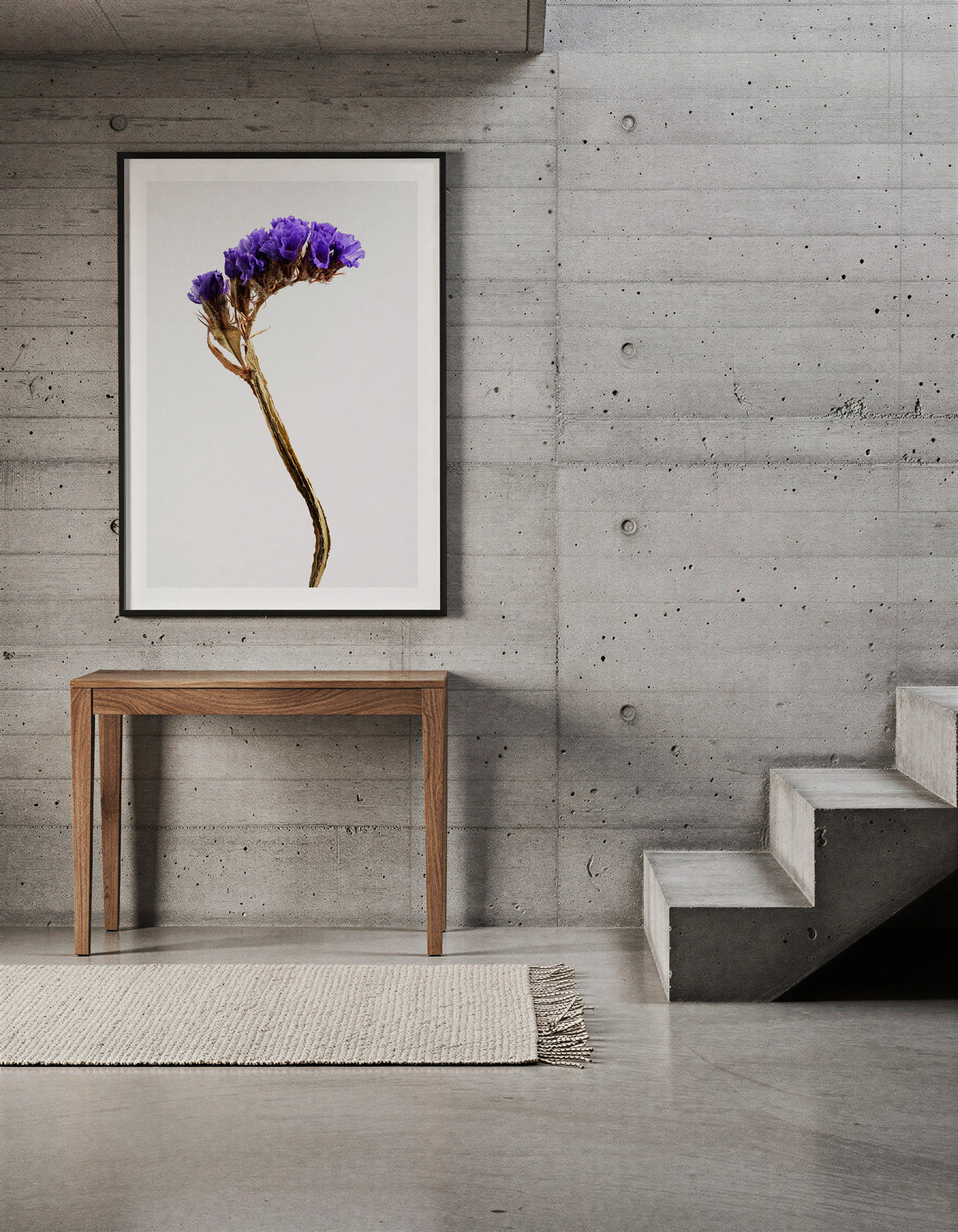 Macro Life 13 fine art print: dried statice, purple-lavender clusters, grey background, shown framed on a wall for illustration. Frame is not included with purchase.
