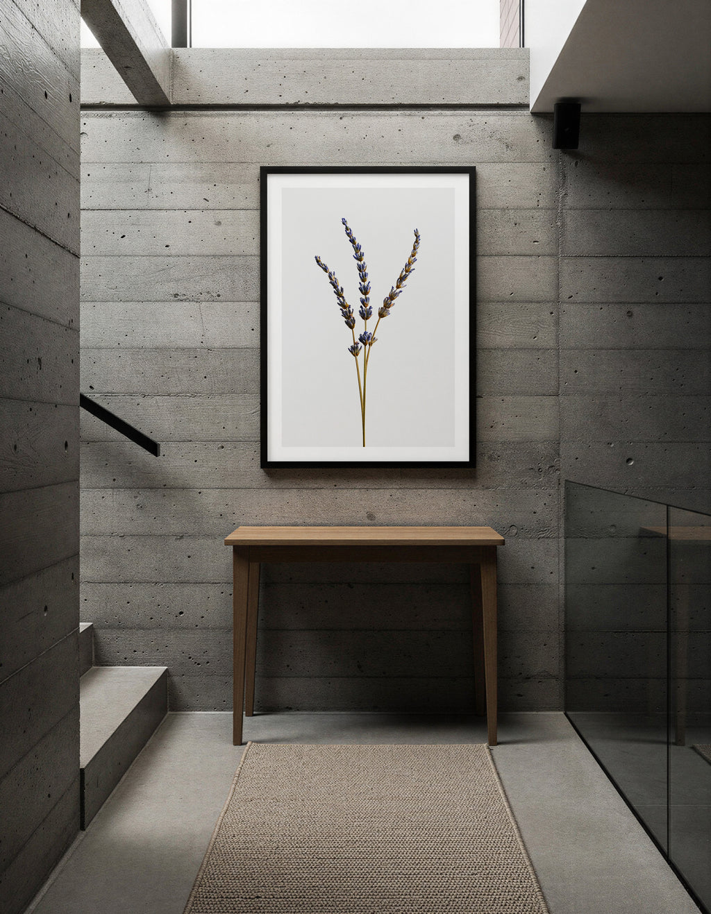 Macro Life 14 fine art print: three dried lavender stems, light grey background, shown framed on a wall for illustration. Frame is not included with purchase.