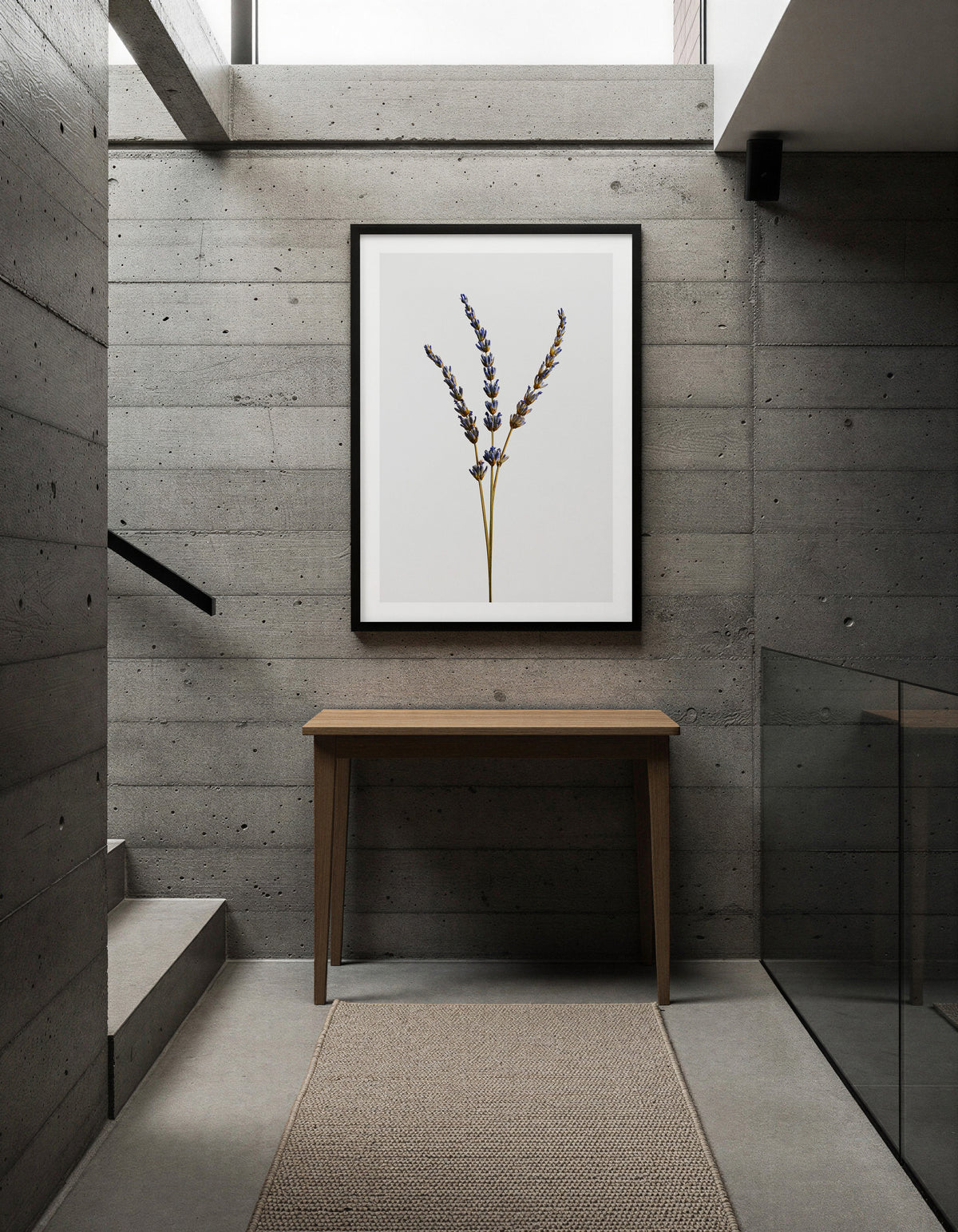 Macro Life 14 fine art print: three dried lavender stems, light grey background, shown framed on a wall for illustration. Frame is not included with purchase.