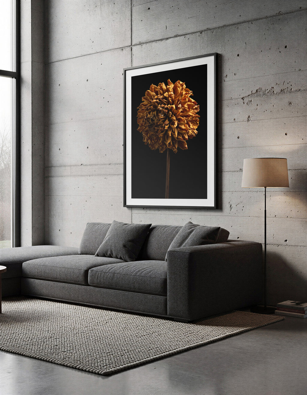 Macro Life 5 fine art print: large spherical dried dahlia, amber-orange tones, black background, shown framed on a wall for illustration. Frame is not included with purchase.