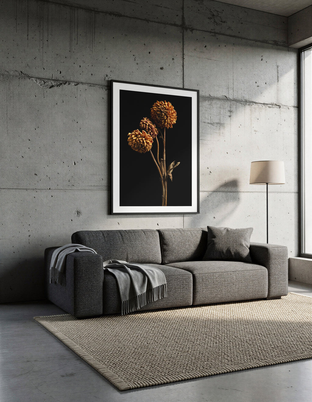 Macro Life 6 fine art print: three dried dahlias on branched stem, amber and orange tones, black background, shown framed on a wall for illustration. Frame is not included with purchase.