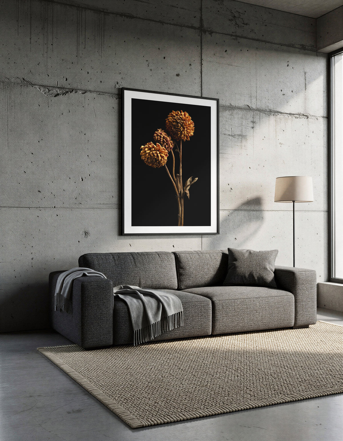 Macro Life 6 fine art print: three dried dahlias on branched stem, amber and orange tones, black background, shown framed on a wall for illustration. Frame is not included with purchase.