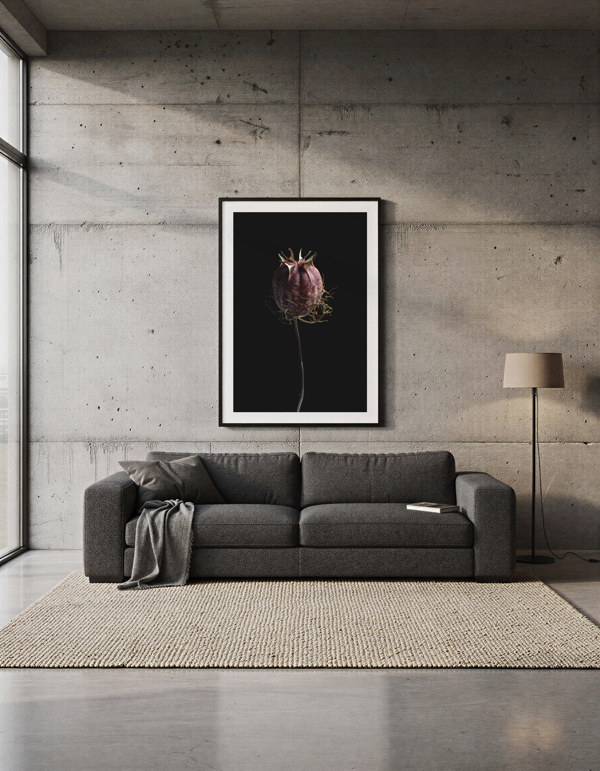 Macro Life 7 fine art print: dried seed pod, deep purple-wine, black background, shown framed on a wall for illustration. Frame is not included with purchase.