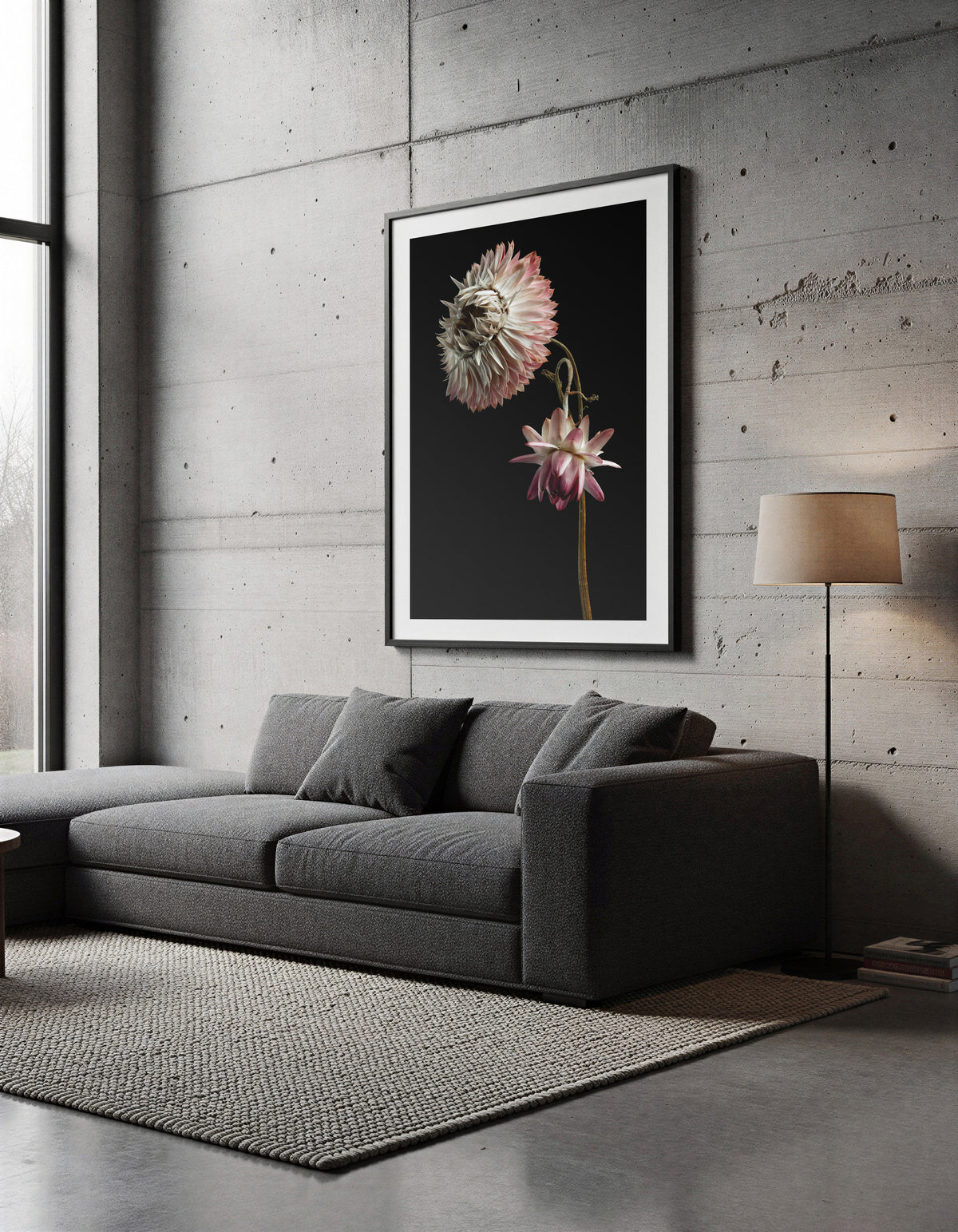 Macro Life 9 fine art print: two dried flowers on intertwined stems, blush pink and white, black background, shown framed on a wall for illustration. Frame is not included with purchase.