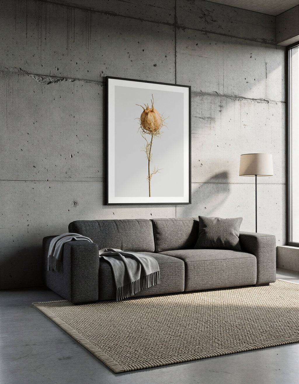 Macro Life 10 fine art print: dried Nigella seed pod, web-like filaments, light grey background, shown framed on a wall for illustration. Frame is not included with purchase.