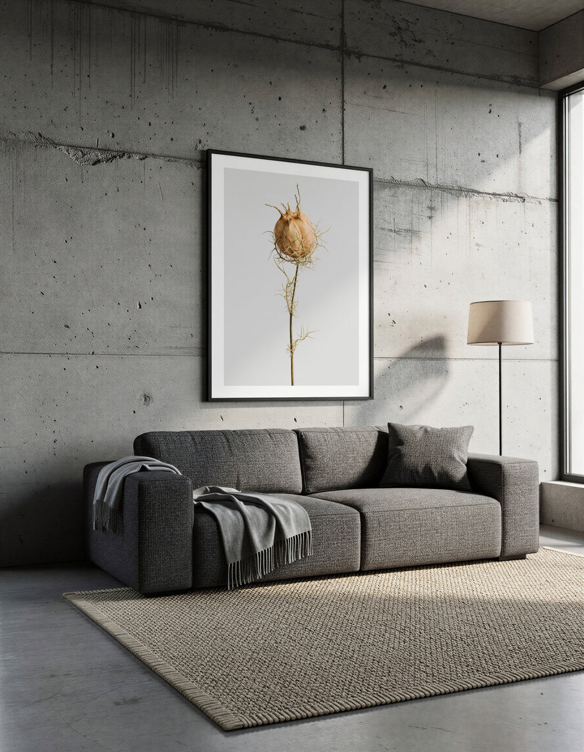 Macro Life 10 fine art print: dried Nigella seed pod, web-like filaments, light grey background, shown framed on a wall for illustration. Frame is not included with purchase.