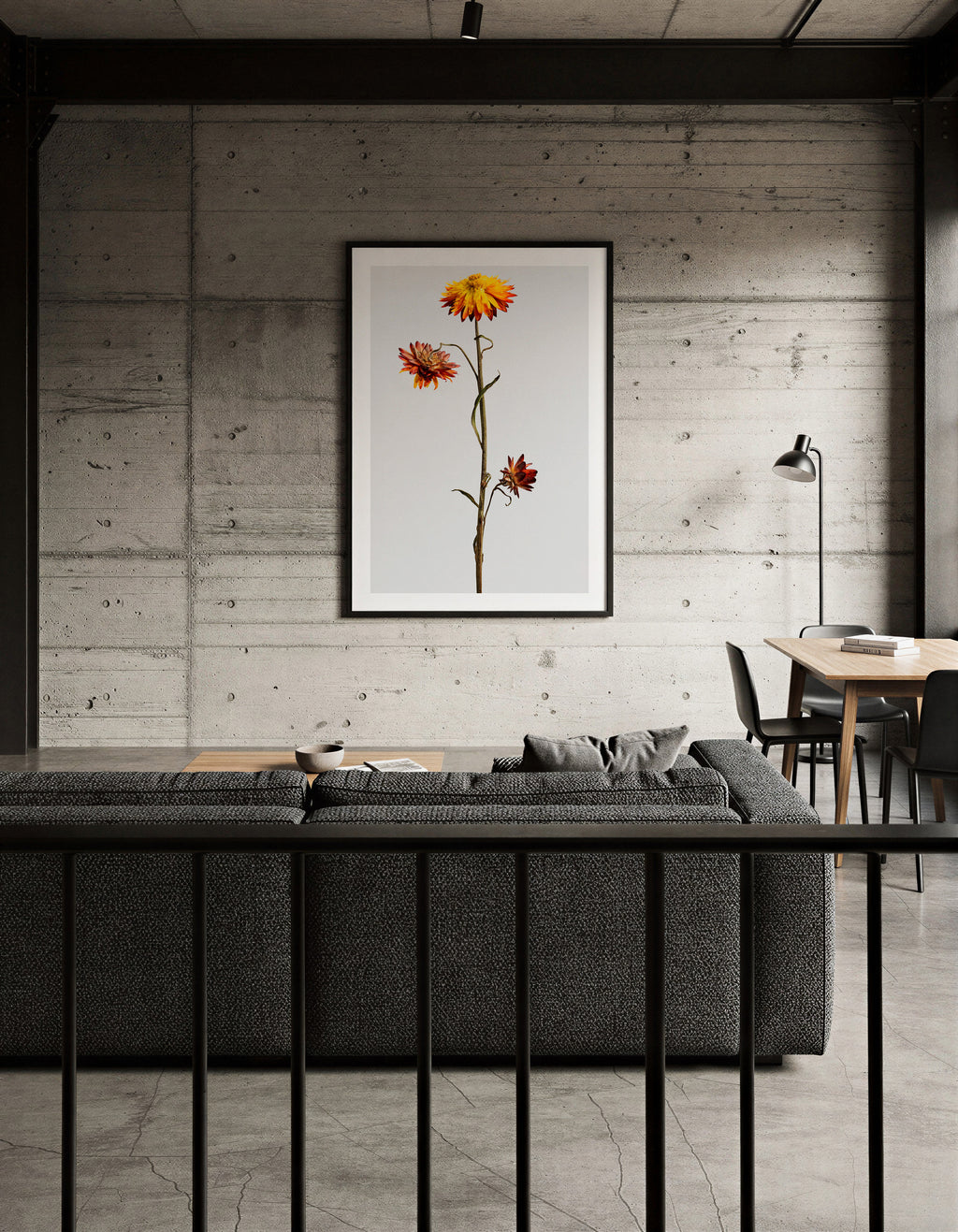 Macro Life 12 fine art print: dried Helichrysum, yellow flower and burgundy blooms, grey background, shown framed on a wall for illustration. Frame is not included with purchase.