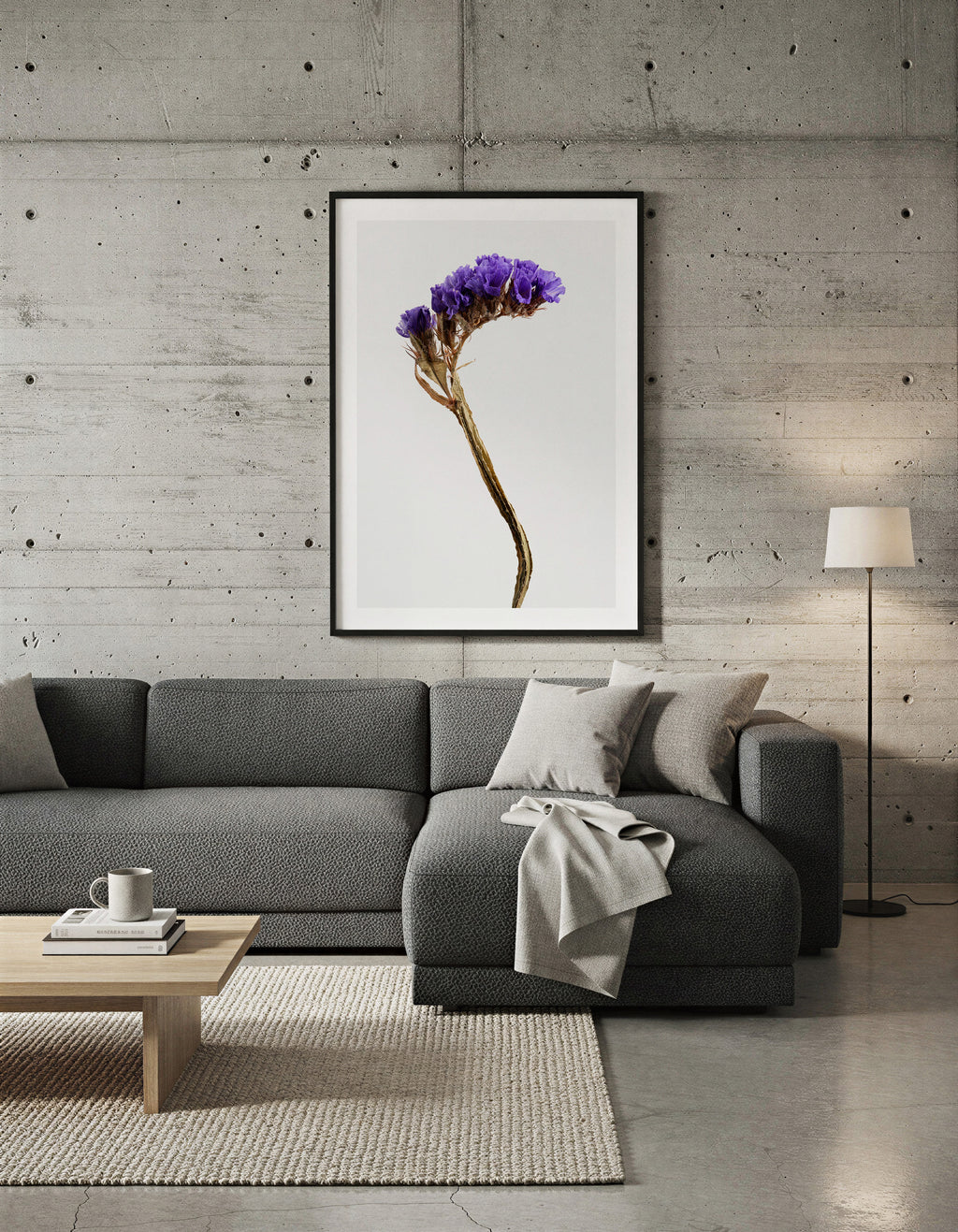 Macro Life 13 fine art print: dried statice, purple-lavender clusters, grey background, shown framed on a wall for illustration. Frame is not included with purchase.
