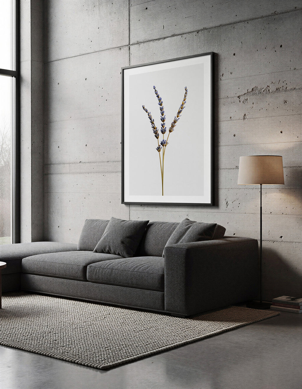 Macro Life 14 fine art print: three dried lavender stems, light grey background, shown framed on a wall for illustration. Frame is not included with purchase.